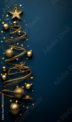 A dazzling golden Christmas tree arrangement with festive ornaments on a luxurious blue backdrop.