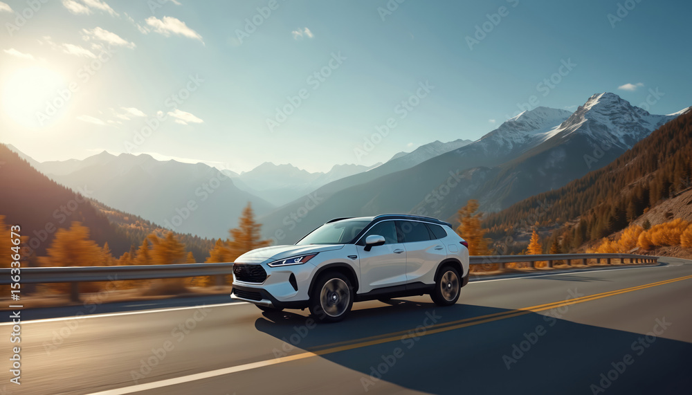White SUV drives on highway mountain landscape. Vehicle road trip adventure in fall autumn season. Travel by automobile, experience freedom with car outdoors. White SUV drives on highway mountain landscape. Vehicle road trip adventure in fall autumn season. Travel by automobile, experience freedom with car outdoors.