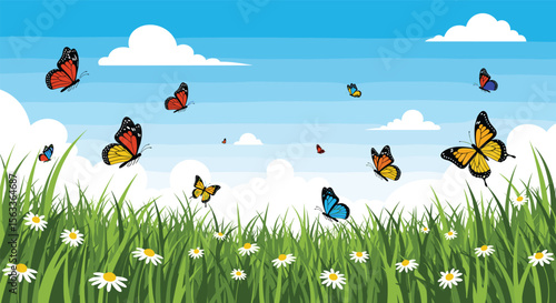 Monarch Butterflies Fluttering Gracefully Above a Field of Daisies Under a Bright Blue Sky