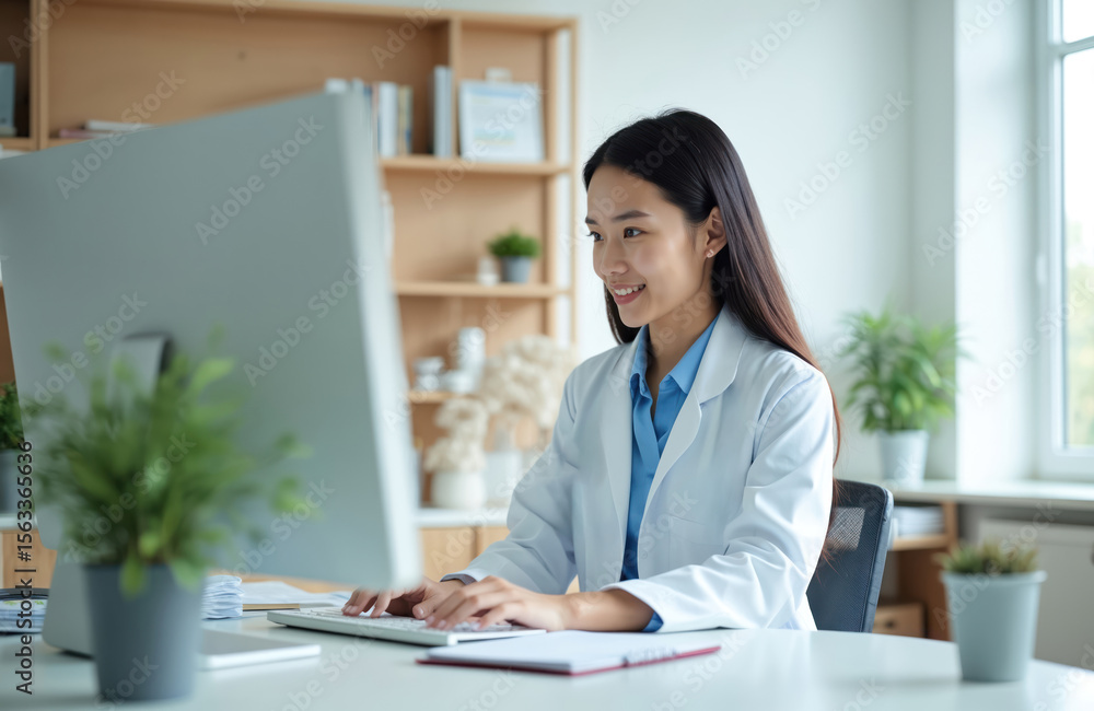 Asian female doctor works on computer in modern medical office. Smiling professional wears lab coat, blue shirt, and stethoscope. Healthcare technology, online consultation, telemedicine concept. Asian female doctor works on computer in modern medical office. Smiling professional wears lab coat, blue shirt, and stethoscope. Healthcare technology, online consultation, telemedicine concept.