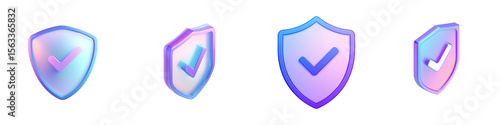 3D Holographic Glass Shield Icon with Checkmark – Iridescent Gradient Security Symbol in Front, Side, and Angle Views – Isolated on Transparent Background PNG