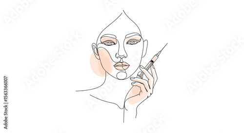 Contemporary line art of aesthetic medicine concept, stylized face with gentle expression, syringe in hand, light watercolor shading, one line minimalist illustration, white background, chic and moder