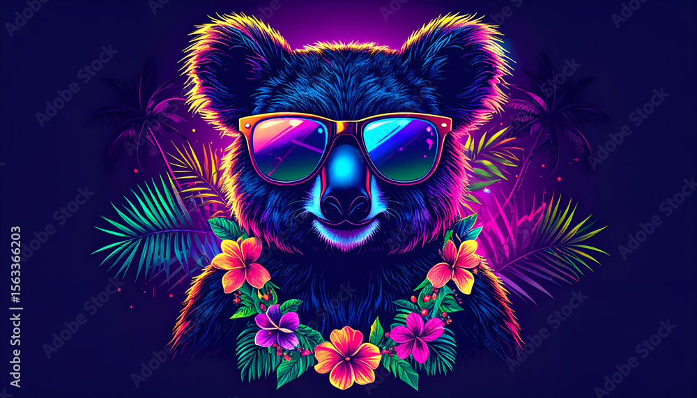 Fototapeta premium A vibrant neon koala in cool sunglasses and a tropical lei radiates a playful summer party vibe.