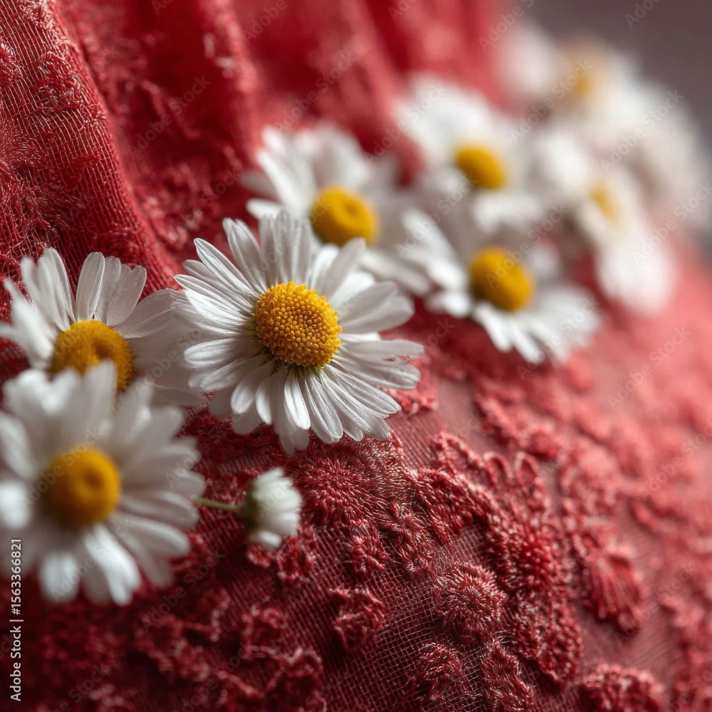 Fototapeta premium White Daisies on Red Lace Fabric