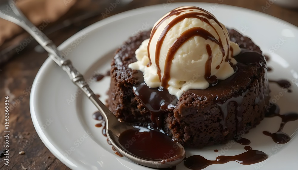 Small round chocolate lava cake with vanilla ice cream on top, drizzled in fudge sauce and melting into the center of its white plate Small round chocolate lava cake with vanilla ice cream on top, drizzled in fudge sauce and melting into the center of its white plate