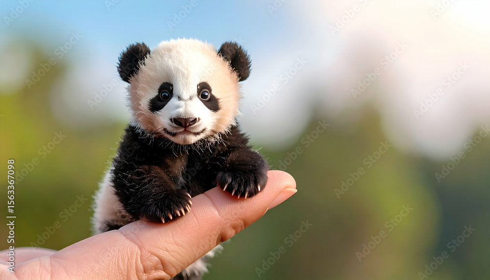 Fototapeta premium An incredibly tiny baby panda cub delicately balances on a human finger in a natural setting.
