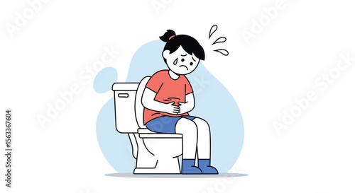 Sick Child Suffering From Stomach Ache Sitting On Toilet With Pain Expression