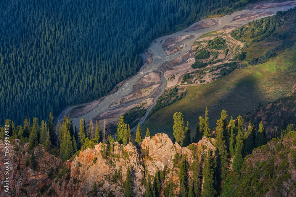 Naklejka premium Picturesque landscape with the headwaters of the Chilik River in the mountains of the northern Tien Shan in southeast Kazakhstan on a summer morning