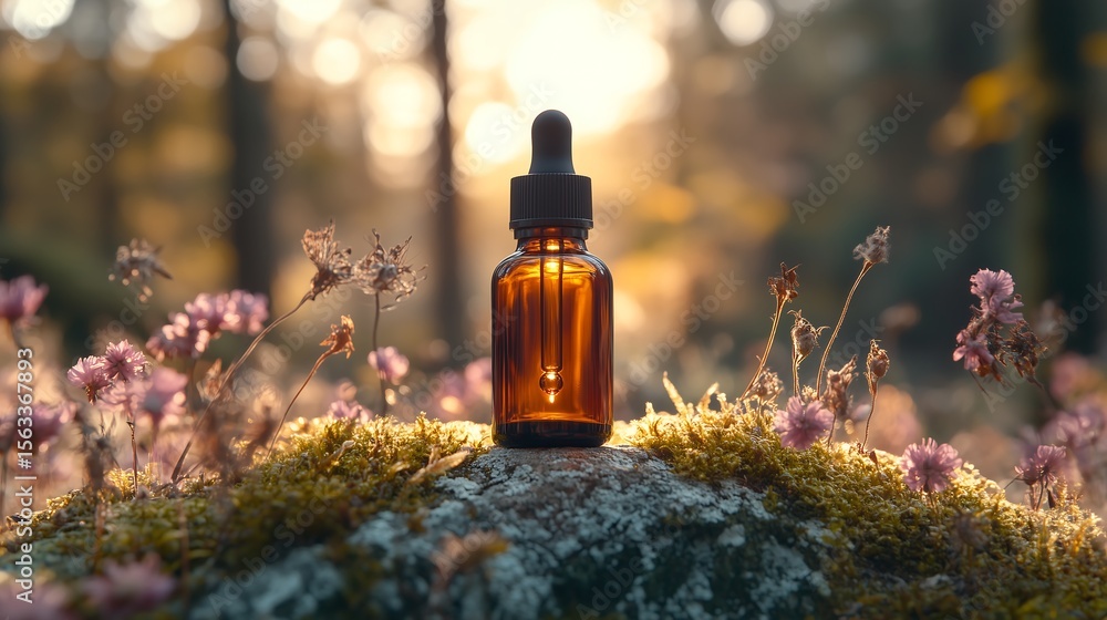 Natural Cosmetic Serum Bottle Mockup on Moss and Flowers Natural Cosmetic Serum Bottle Mockup on Moss and Flowers