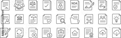 Business contract and legal agreement document line icons. Set includes NDA, digital signature, compliance, license, insurance, payment terms and upload-download paper vector illustration.