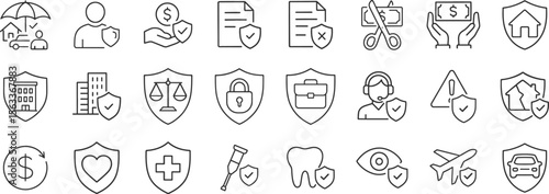 Insurance and protection line icon vector illustration set. Includes health, home, travel, disability, property damage, business liability, claim and risk assessment symbols with shield elements.