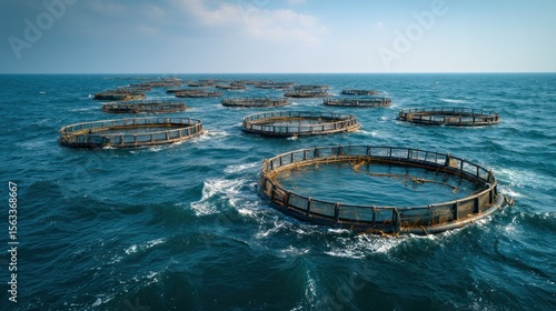 Sustainable aquaculture showcasing fish farming, circular cages in ocean view