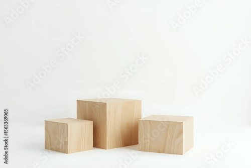 Wooden square cube podium stages of wood block platforms, vector mockup on white background. Product display podiums of three realistic wooden cubes for exhibition display. 3d rendering.