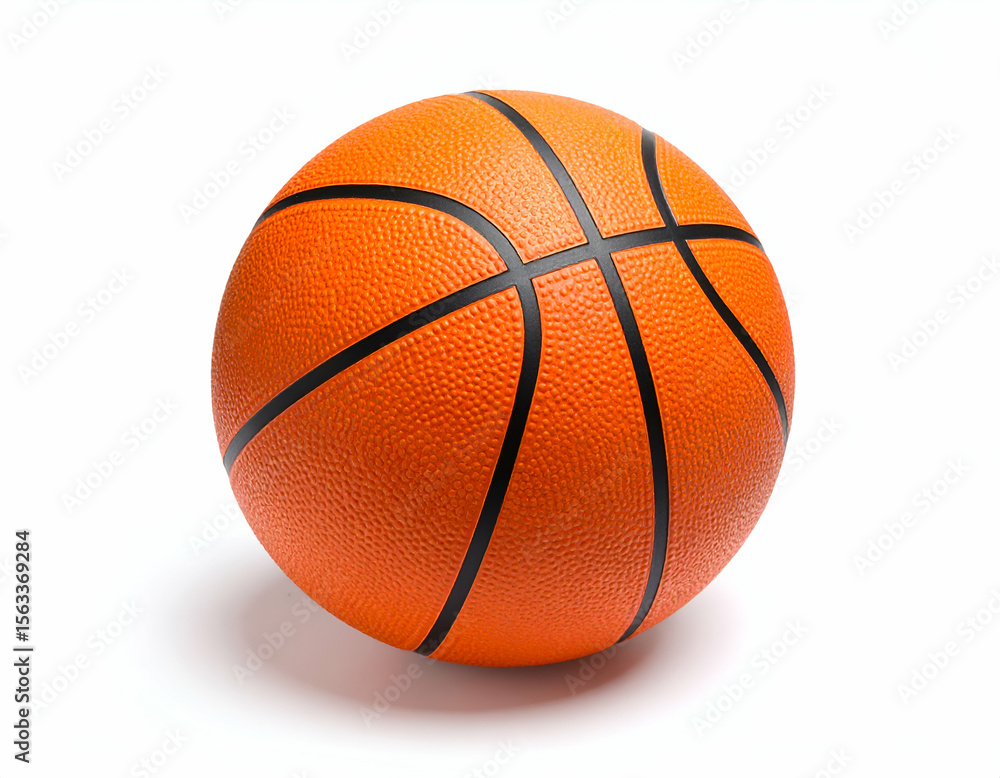 Fototapeta premium A vibrant orange basketball with classic black lines rests on a clean white background, ready for the game.
