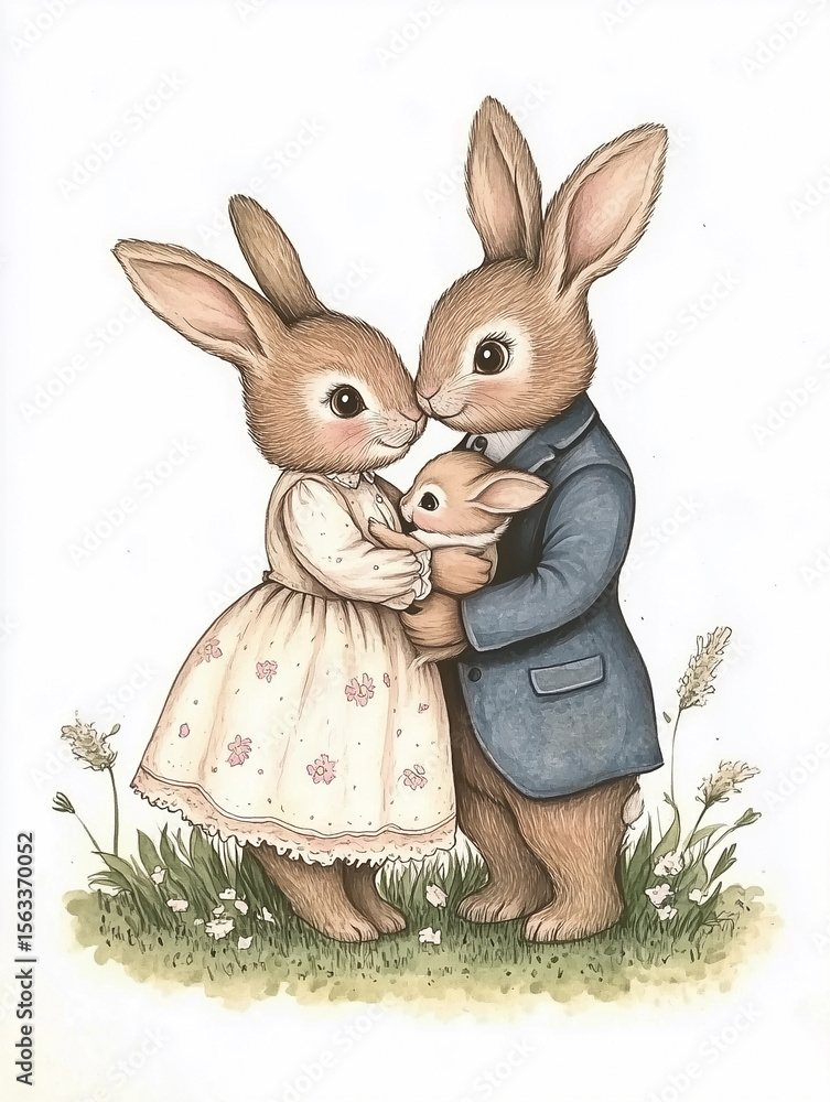 Obraz premium Bunny rabbit family art print father blue coat mother pink dress holding baby vintage woodland nursery decor animal illustration baby shower gift gender neutral kids room pastel aesthetic wall
