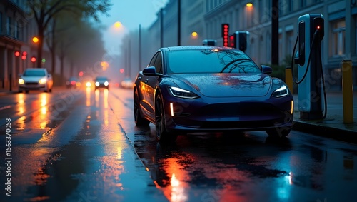 Electric Vehicle Charging in the Rain — City Lights Reflected on Wet Asphalt