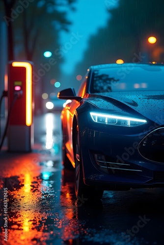 Electric Vehicle Charging in the Rain — City Lights Reflected on Wet Asphalt
