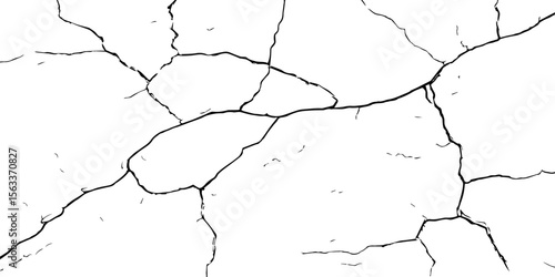 "High-resolution cracked wall texture with bold black fracture lines on a white background. Perfect for grunge designs, backgrounds, overlays, or distressed surface effects in graphic projects"