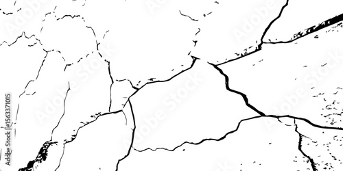 "High-resolution cracked wall texture with bold black fracture lines on a white background. Perfect for grunge designs, backgrounds, overlays, or distressed surface effects in graphic projects"
