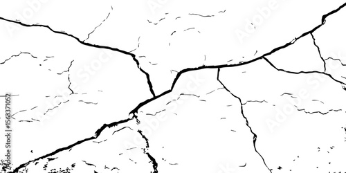"Cracked white wall texture with black fractures and grunge lines. High-contrast background ideal for design, overlays, or abstract art concepts. Minimalist damaged surface pattern"