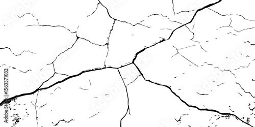 "Cracked white wall texture with black fractures and grunge lines. High-contrast background ideal for design, overlays, or abstract art concepts. Minimalist damaged surface pattern"