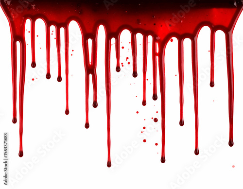 Vivid crimson liquid drips and splatters dynamically against a stark white background, creating a dramatic and intense