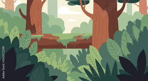 Lush Forest Scene with Tall Trees and Dense Greenery Under a Bright Sky