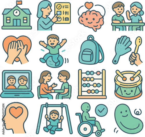 Inclusive Education & Special Needs Cartoon Icon Set – Flat Pastel Doodles for Learning and Support


