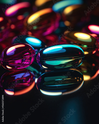 Wallpaper Mural Eye-catching array of iridescent capsules displaying a spectrum of colorful reflections in a dark setting. Abstract medicine concept. Torontodigital.ca