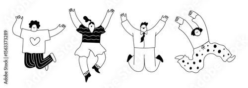 Quirky abstract people in hand drawn line art style. Set of modern man, woman expressing positive emotions, happiness. Cute vector illustration