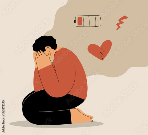 Heartbroken man in depression crying isolated. Tired  character with mental health problem, awareness concept. Cute vector illustration in hand drawn flat style
