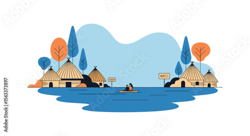 A Serene Lakeside Village Scene with Thatched Roof Huts and Lush Greenery