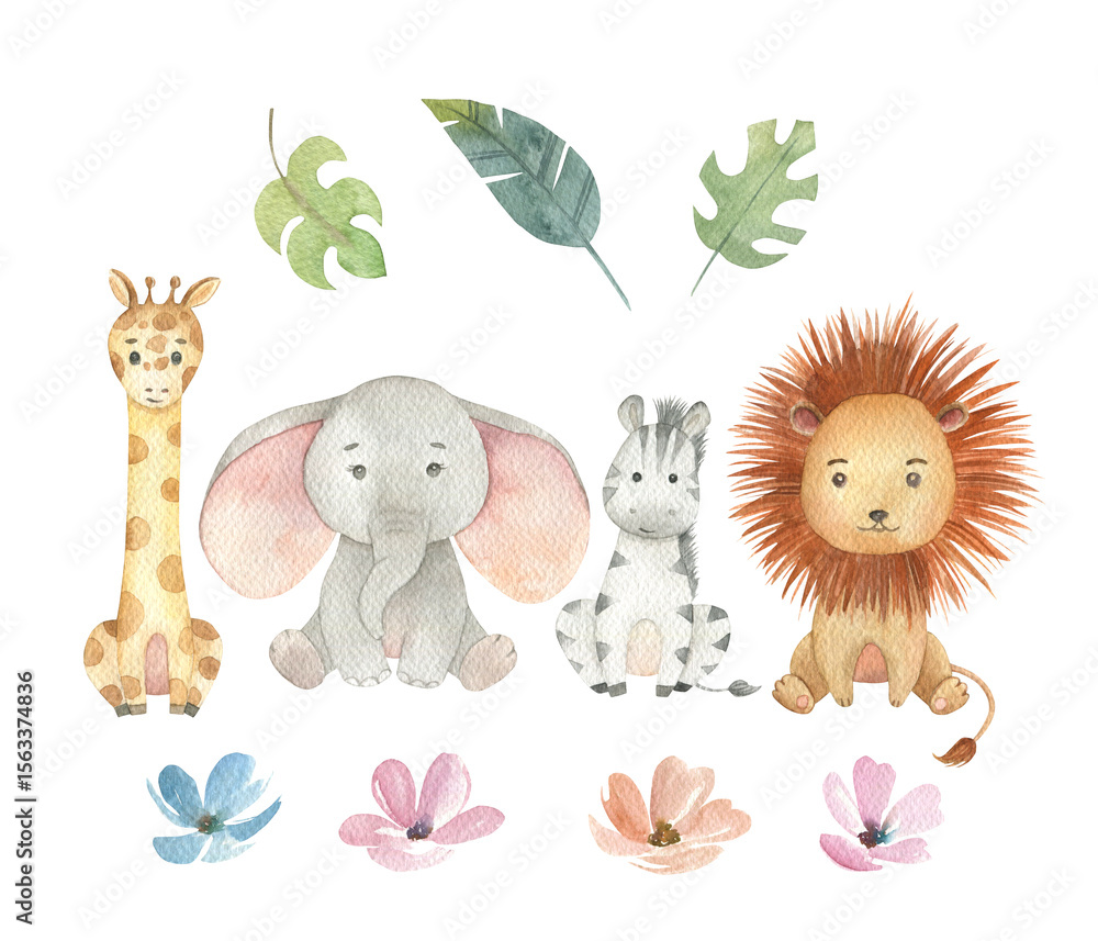 Fototapeta premium African animal collection. Watercolor isolated with lion, elephant, zebra, lion and leaves on white background