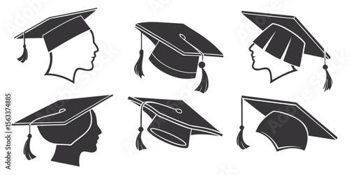  black silhouette graduation caps arranged in a grid.  Caps are various shades of black.