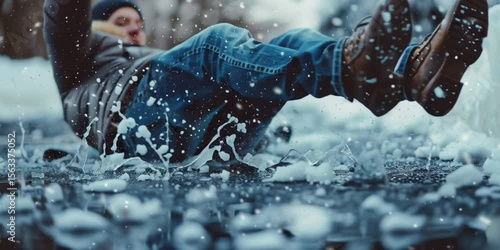A person is falling in the snow with their feet in the water	
