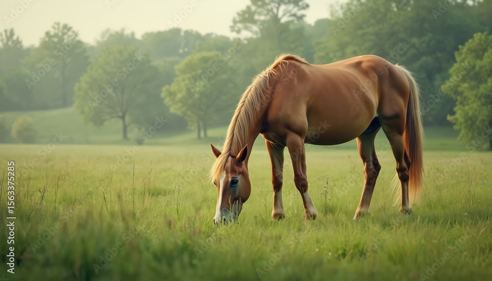 Fototapeta premium Horse grazes peacefully in rich green meadow. Nature scene serene environment, calm atmosphere. Sunlight filters through trees creating sense of tranquility. Idyllic landscape, perfect for eco,