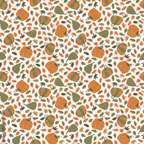 Vector pattern with pumpkins and leaves. Autumn pattern. Season Cozy