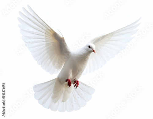 A symbol of peace, a radiant white dove flies freely with its expansive wings wide open.