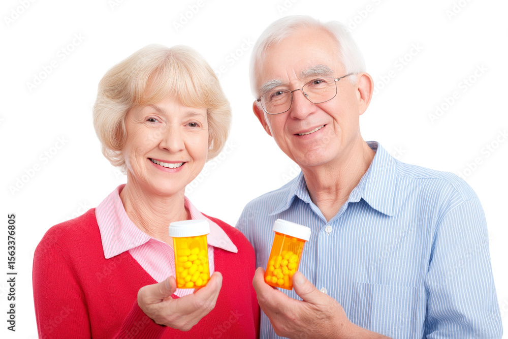 Smiling senior couple holding medication bottles isolated on white background Smiling senior couple holding medication bottles isolated on white background