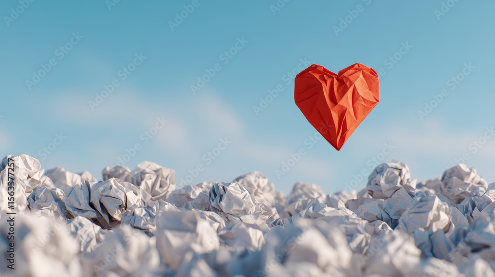 Fototapeta premium A vibrant red origami heart soars above a sea of crumpled paper, against a bright blue sky.