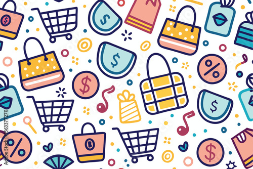 Cute shopping pattern with bags, carts, money, discounts and gifts