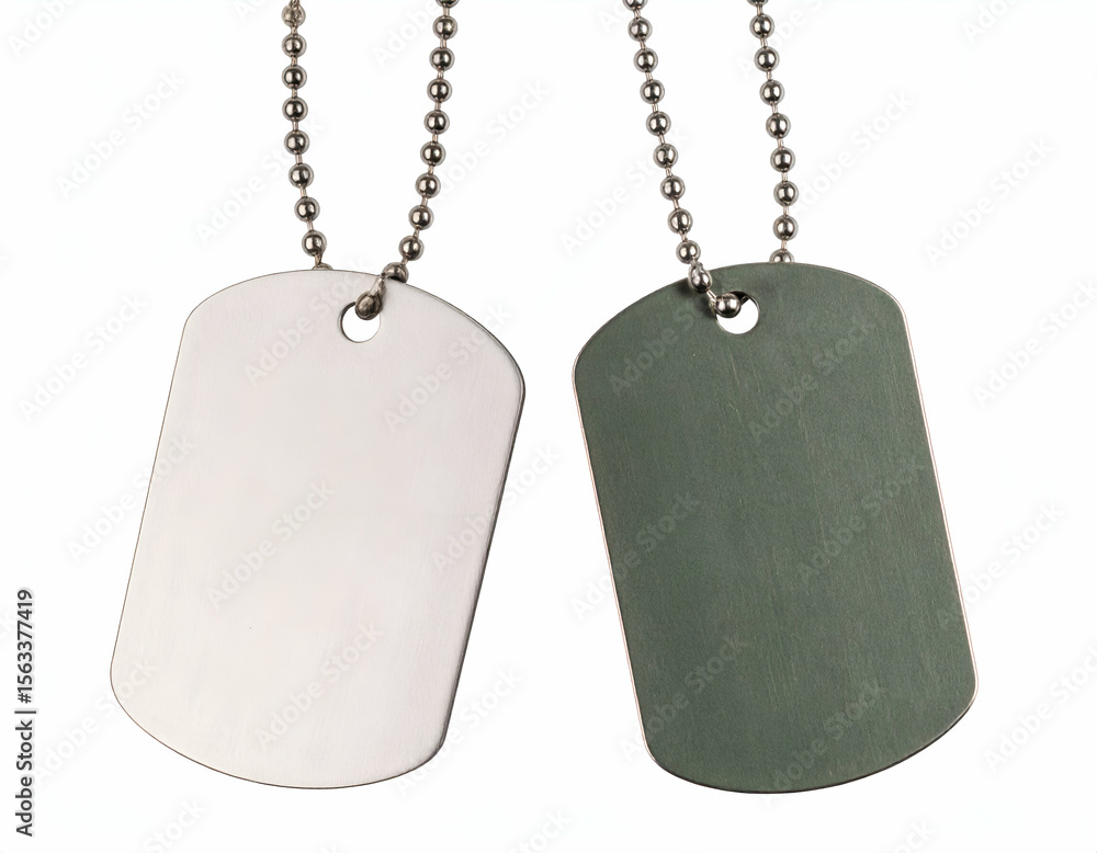 Fototapeta premium A pair of classic military dog tags, one shiny silver and one matte green, symbolizing service and identity.