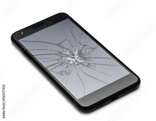 A sleek black smartphone with a dramatically shattered screen lies damaged on a pristine white background.