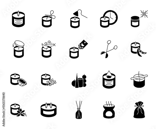 Candles silhouette icons set, signs for candle safety instructions