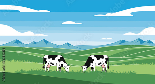 Two Black and White Cows Grazing Peacefully on a Rolling Green Meadow Under a Blue Sky with White Clouds and Distant Mountains