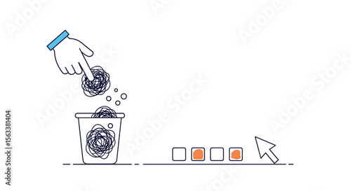 Visualizing the process of discarding crumpled paper into a trash can with a cursor indicating selection