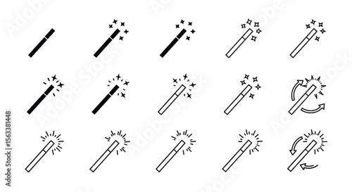 Collection of simple magic wand icons showing different sparkle effects and rotational motion for fantasy and enchantment designs