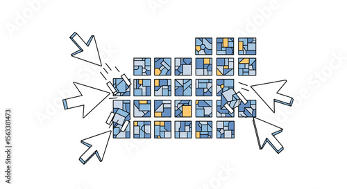 Abstract geometric pattern formation with multiple cursor clicks illustrating design process progression and digital assembly concepts