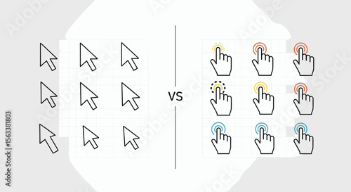 Comparing traditional pointer cursors versus modern touchscreen hand icons for user interface navigation and interaction design choices
