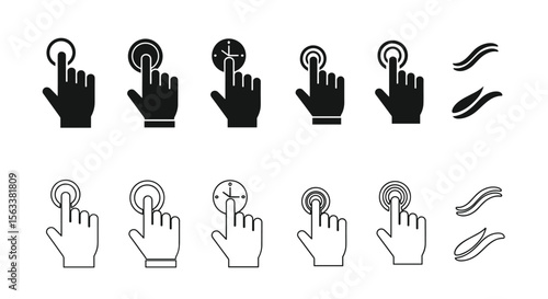 Collection of hand cursor icons representing digital interactions touch screen gestures and user interface navigation elements